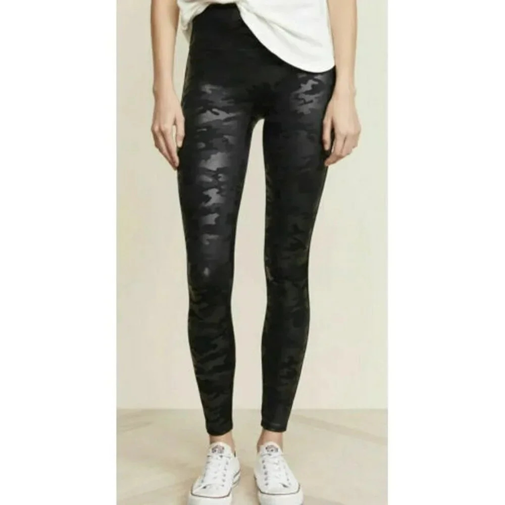 Spanx Black Faux‎ Leather Camo Print High Rise Leggings